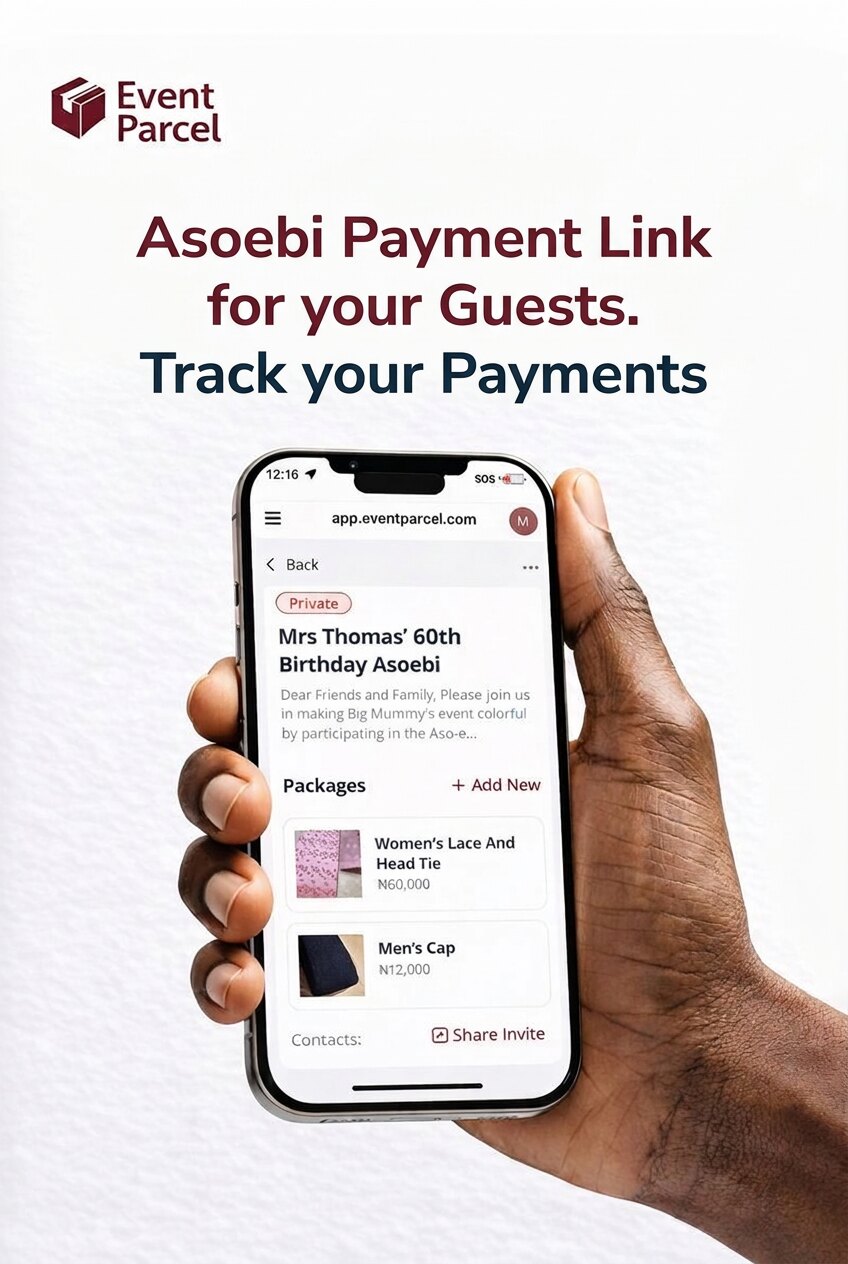 The Event Parcel app on a phone, showing an Aso Ebi page with fabric packages and a share invite button